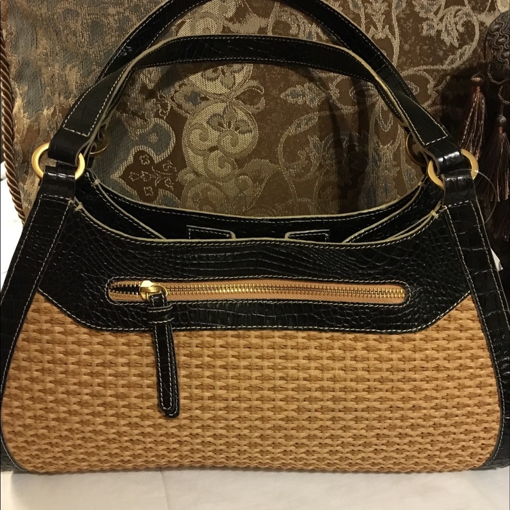 Brahmin Tisbury straw and black embossed leather